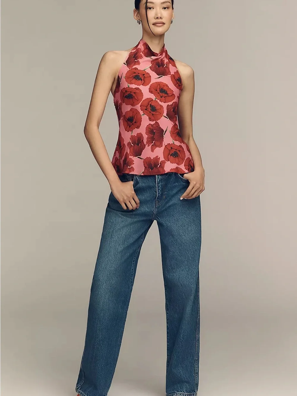 Jamie Satin Halter-Neck Tank by Maeve Halter Top with Red Poppy Print